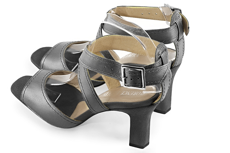 Dark grey women's open back sandals, with crossed straps. Square toe. High kitten heels. Rear view - Florence KOOIJMAN
